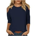 thumbnail image 2 of RYDCOT Spring Tops for Women 2024 Casual 3/4 Sleeve Cold Shoulder Crew Neck T-Shirt Tops Loose Fit Basic Tee Summer Women Clothing on Clearance Navy, 2 of 6