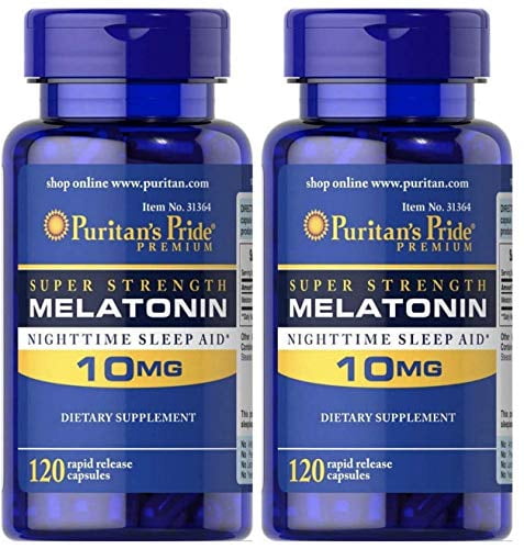Melatonin by Puritan's Pride, Nighttime Sleep Aid, Super Strength Rapid Release Capsules, 10mg, 2 Bottles of 120 Capsules