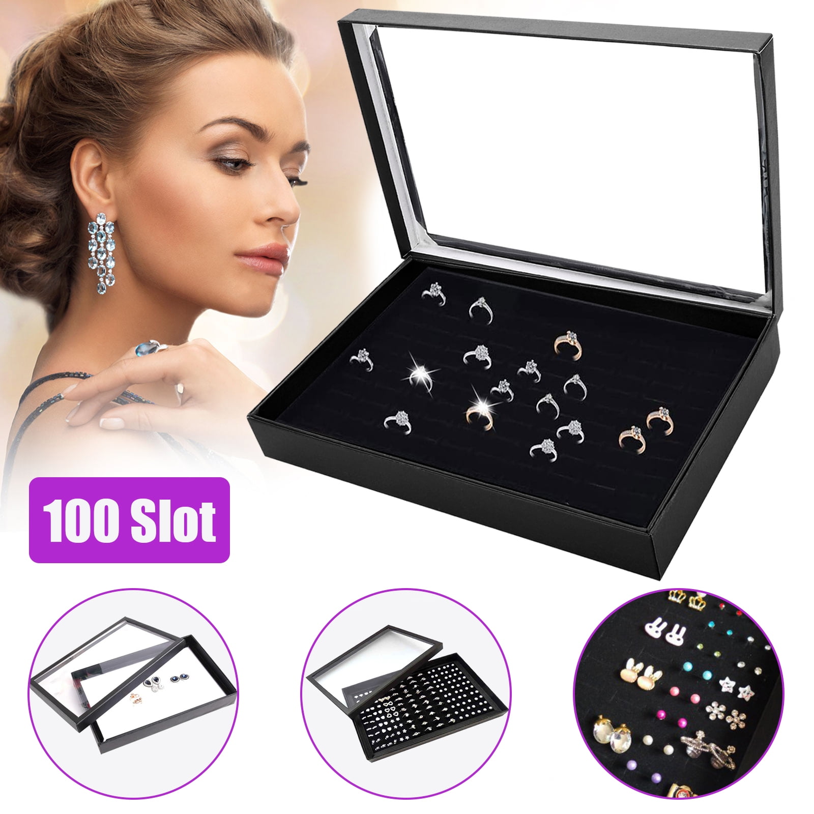 100 Slot Jewelry Display Storage Box Earring Ring Tray Showcase Holder Organizer 