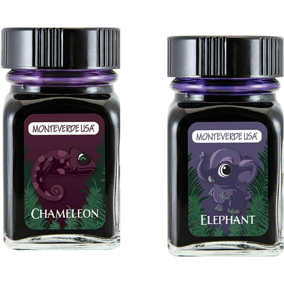 Monteverde 60ml Ink, Chameleon (Burgundy), Elephant (Purple) Jungle Ink (G309CM, G309EL) Fountain Pen Ink (30ml Each Ink Bottle, 2 Pack)