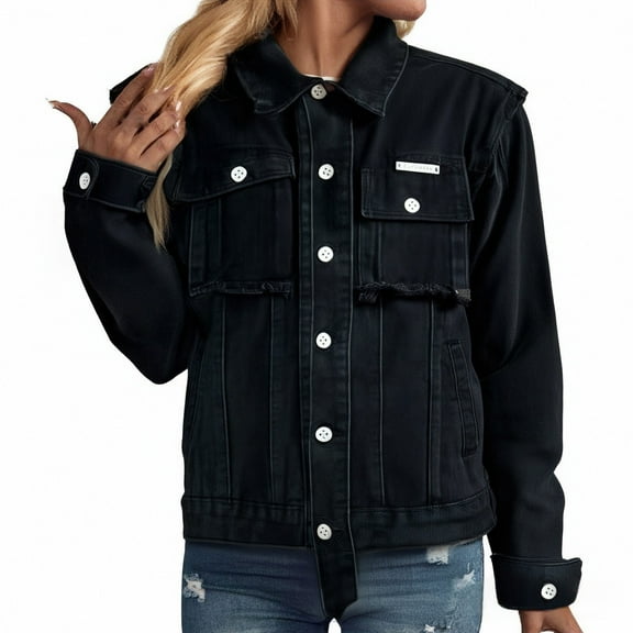 Niaviben Jean Jacket Women Baggy Jacket Denim Shirt Women Long Sleeve Ladies Jackets Casual Jackets for Women Jacket for Women Crop Denim Jacket for Women Black 4XL