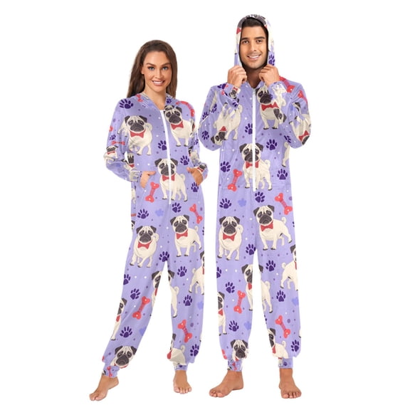 Adult Christmas Onesie Dog Bones Paw Prints Adult Zipper One-Piece Pajamas Unisex Pajamas with Pockets