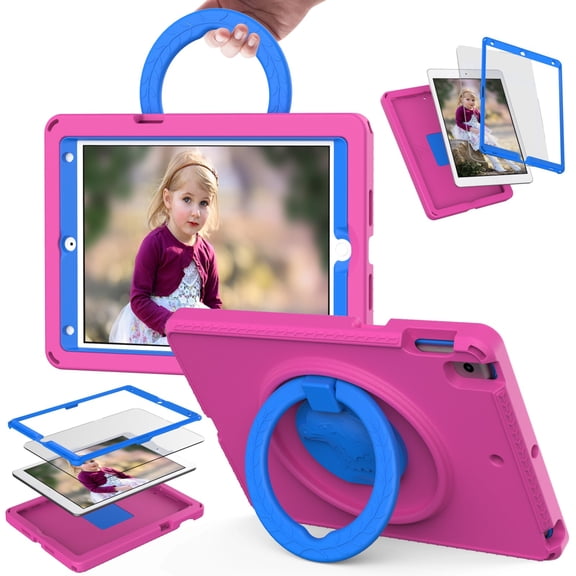 Rotating Case for iPad 7th/8th/9th Generation 10.2 Inch, Shockproof Rugged Cover with Stand & Screen Protector & Shoulder Strap