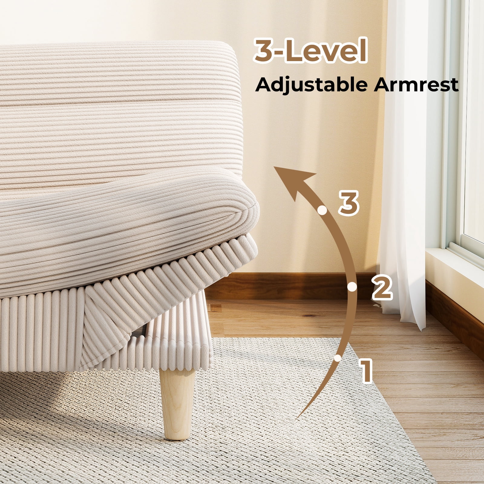 Ebello Convertible Futon Sofa Bed, Fabric with 3-Position Reclining Backrest and Adjustable Armrests for Living Room Apartment Office, Beige