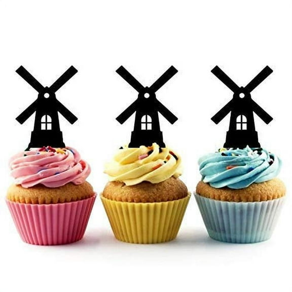 Whimsical Practicality's Dutch Windmill Holland Silhouette Acrylic Cupcake Toppers 12 pcs