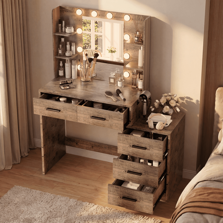 Lacoo Vanity Desk with 5 Drawers & Charging Station, Makeup Vanity with Lights & 4 Shelves, Dressing Table for Bedroom, Brown