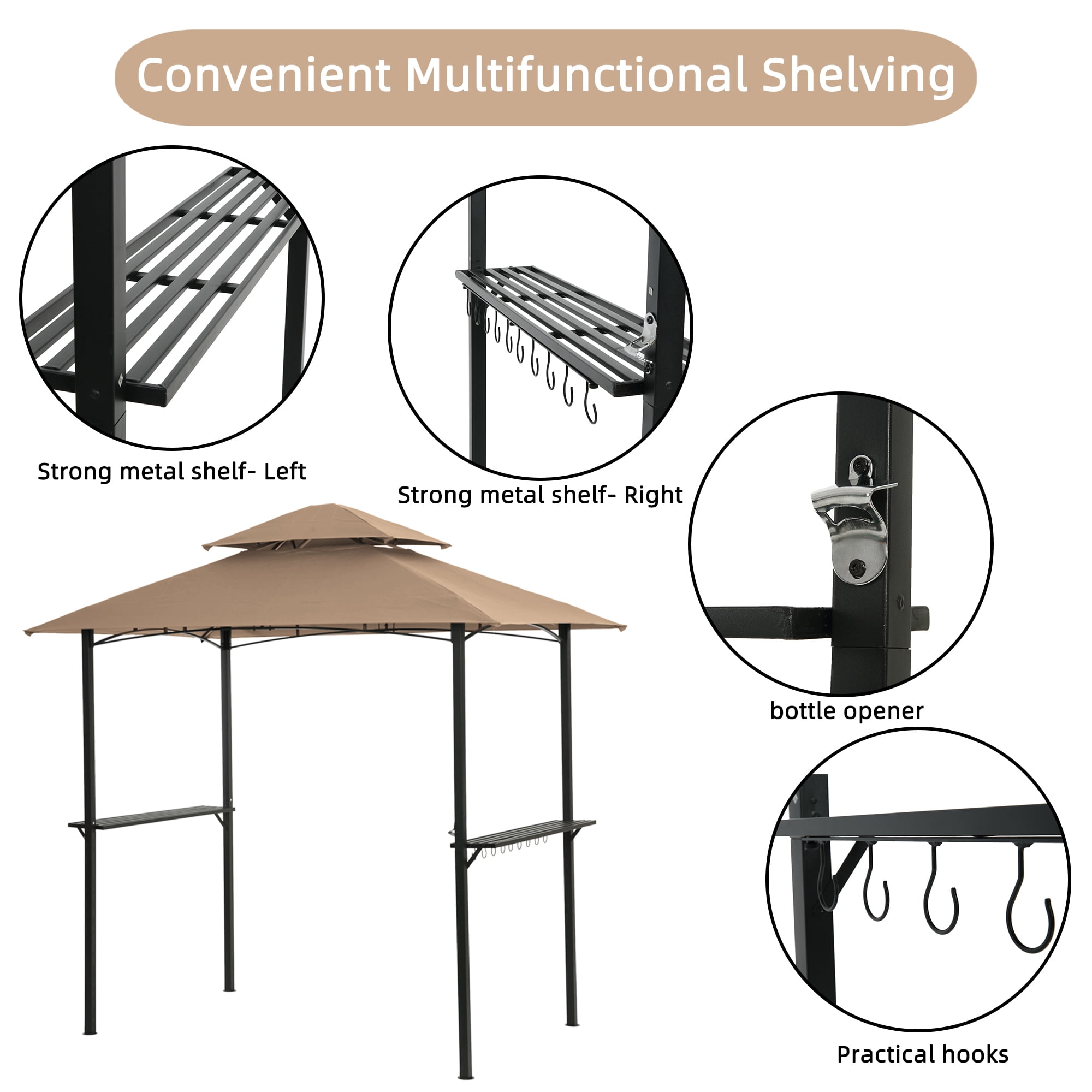 BaPiPro 8x5 FT Outdoor Grill Gazebo, BBQ Shelter Tent with Double-Layer Soft Top Canopy, Steel Frame with Hooks & Bar Counter, Khaki