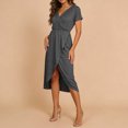 thumbnail image 5 of JSheng Summer Dresses for Women Trendy Solid Color Elegant V-Neck Short-Sleeve Maxi Dress With High Slit Dark Gray M, 5 of 5