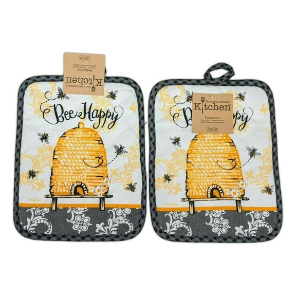 Set of 2 BEE HAPPY Queen Bee Potholders, by Kay Dee