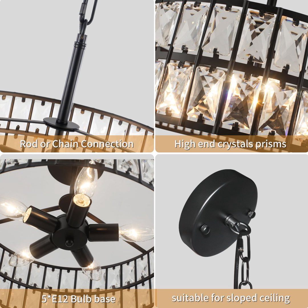 Modern 5-Light Drum Crystal Chandelier, Black Metal Ceiling Light Fixture with K9 Prisms for Dining Room, Living Room & Foyer