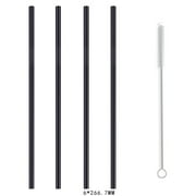SQUARE CARMEN 4 Straight Reusable Drinking Straws Metal Stainless Steel Eco-Friendly 10.5in, With 1 Cleaning Brush, Black