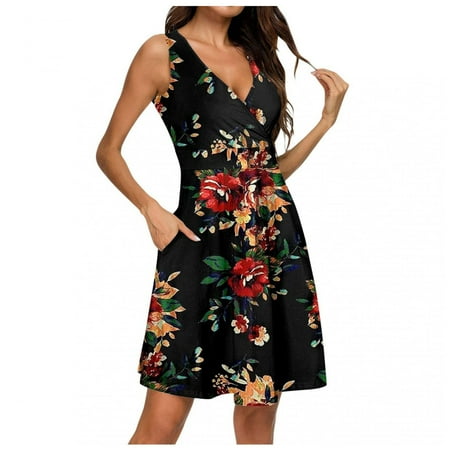 

Juebong Womens Summer Casual Beach Sleeveless V Neck Knee Length Dress