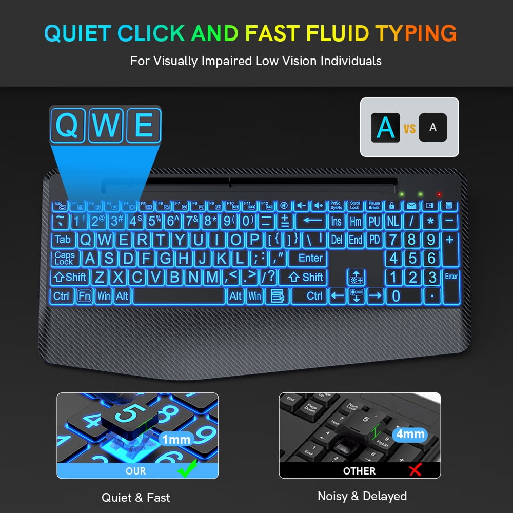 Wagpak 7 Colored Backlits Wireless Keyboard with Wrist Rest, Black, New