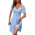 thumbnail image 6 of Womens Summer Sweetheart Neck Short Puff Sleeve Mini Drawstring Casual Slim Flowy Dress Sundress, 6 of 8