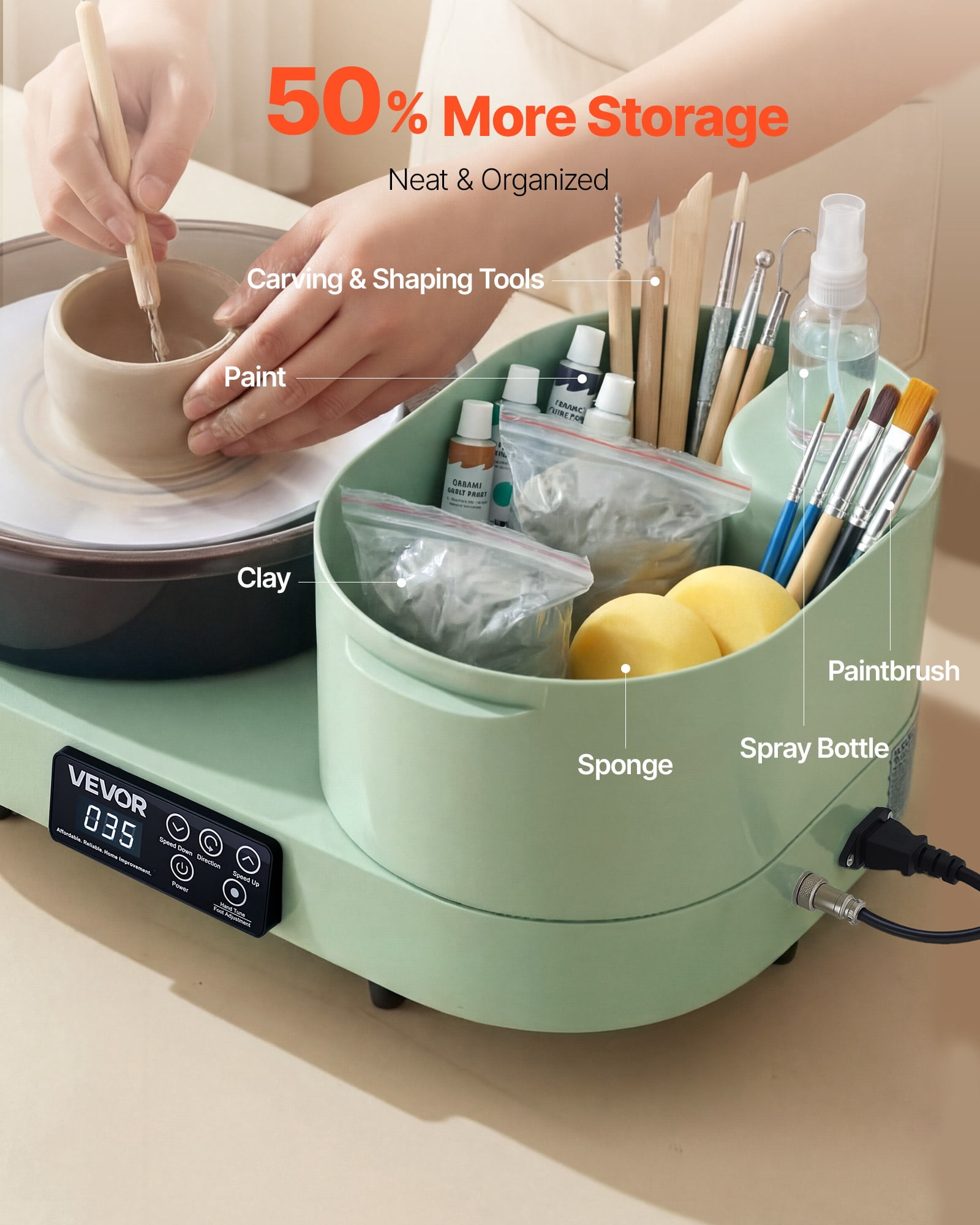 VEVOR Pottery Wheel for Adults, 11" Aluminum Turntable, 450W Electric Table Top Pottery Wheel with Foot Pedal, 30-300 RPM Adjustable Speed, Aluminum Body, for Beginners, DIY Clay Art Craft, Green