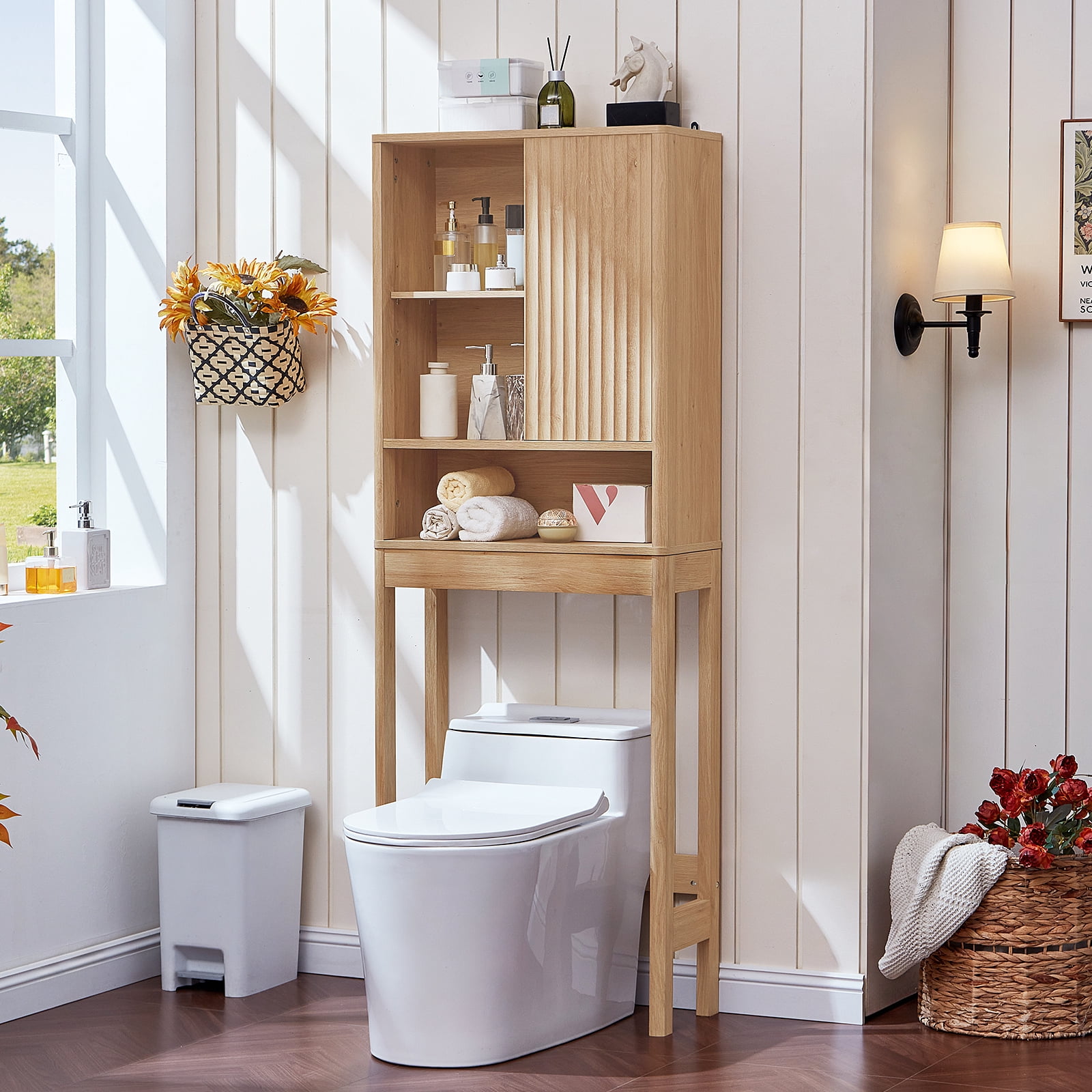 LELELINKY Over The Toilet Storage Cabinet with Rattan Sliding Door, 68" Tall Wood Bathroom Organizer with Adjustable Shelf for Small Spaces, Natural