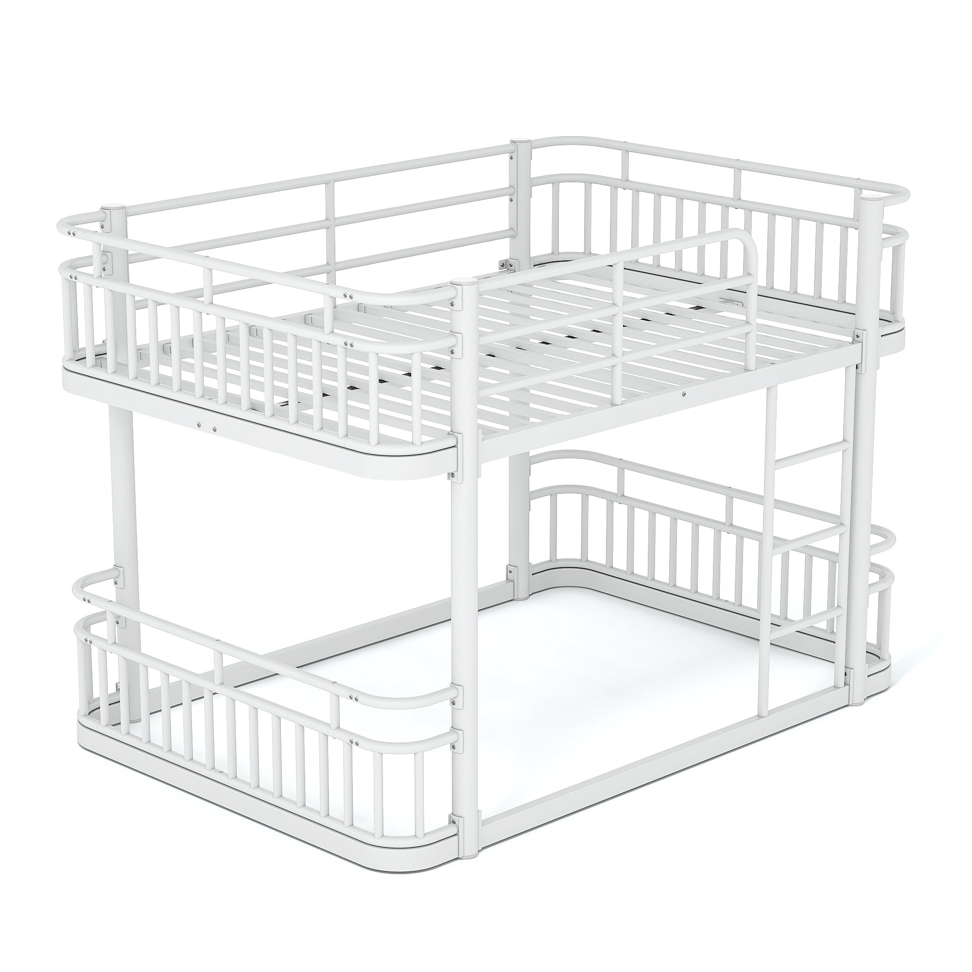 Full Over Full Bunk Bed 76.8 Inch, Metal Bed Frame with Ladder and Guardrails for Kids Teens Adults, Sturdy Round Pipe Construction, No Box Spring Needed, White