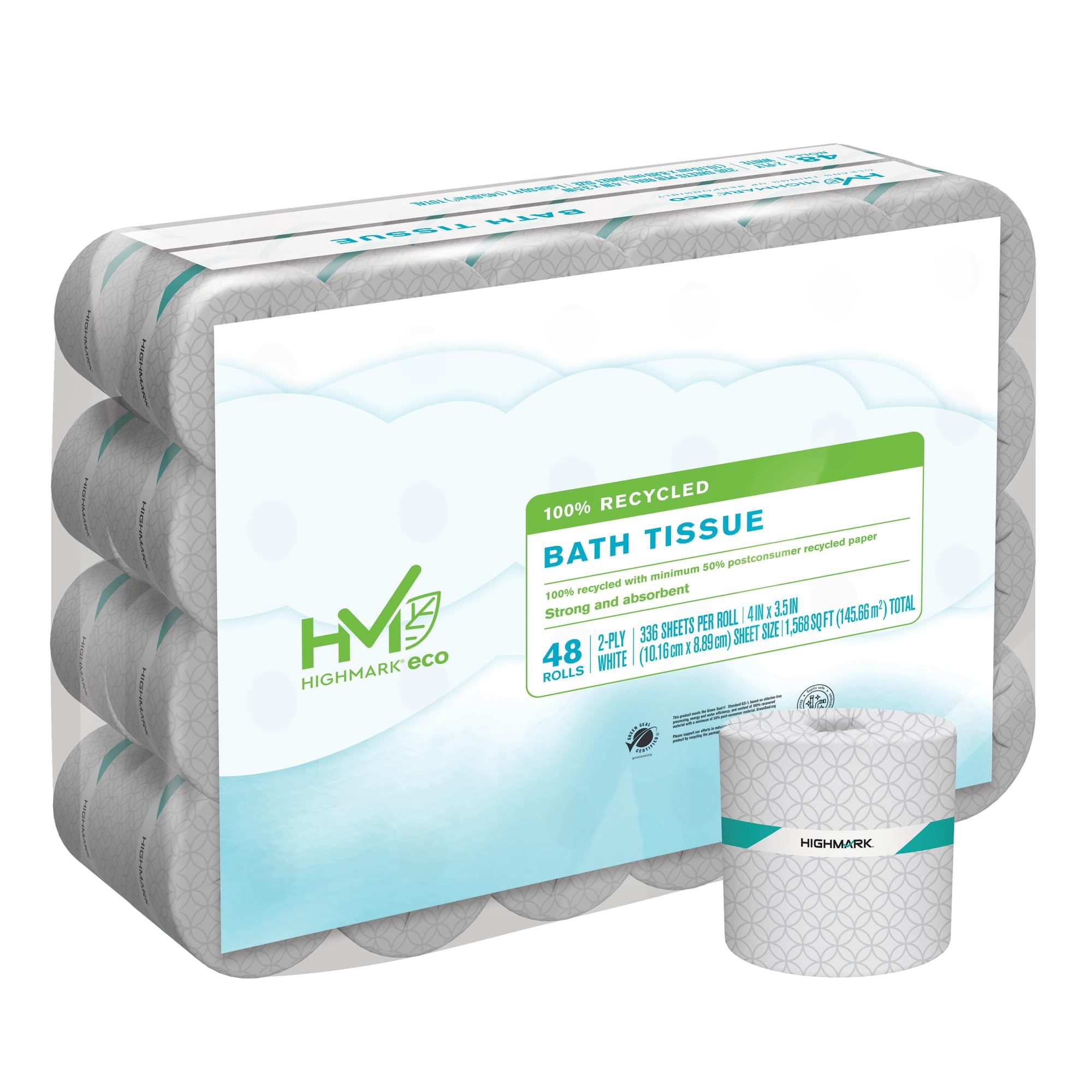 Highmark® 2-Ply Bathroom Tissue, 100% Recycled, White, 336 Sheets Per Roll, Case Of 48 Rolls