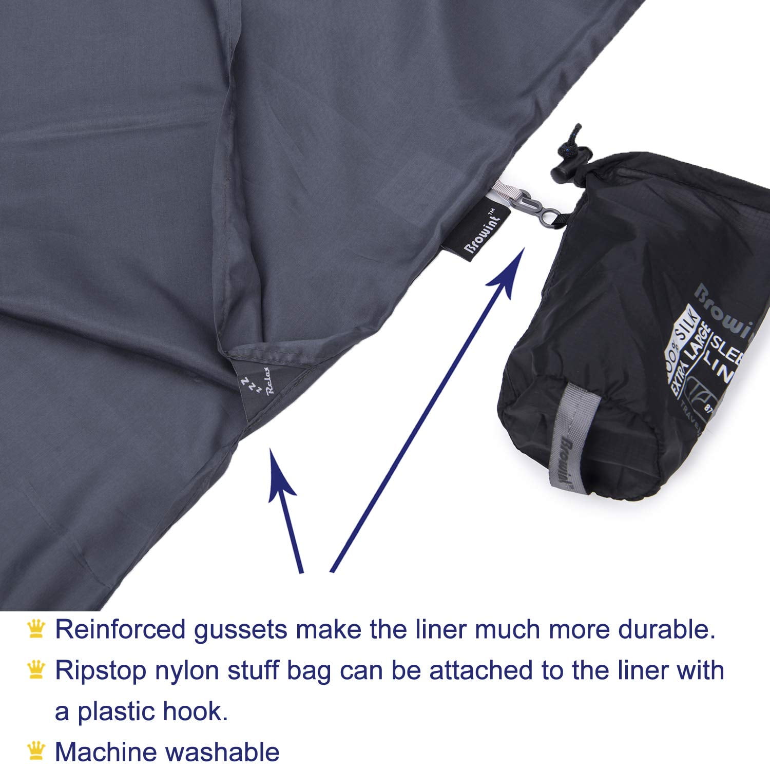 Browint Silk Sleeping Bag Liner, Silk Sleep Sack, Extra Wide 87"x34", Lightweight Travel Sheet for Hotels, More Colors for Option, Reinforced Gussets