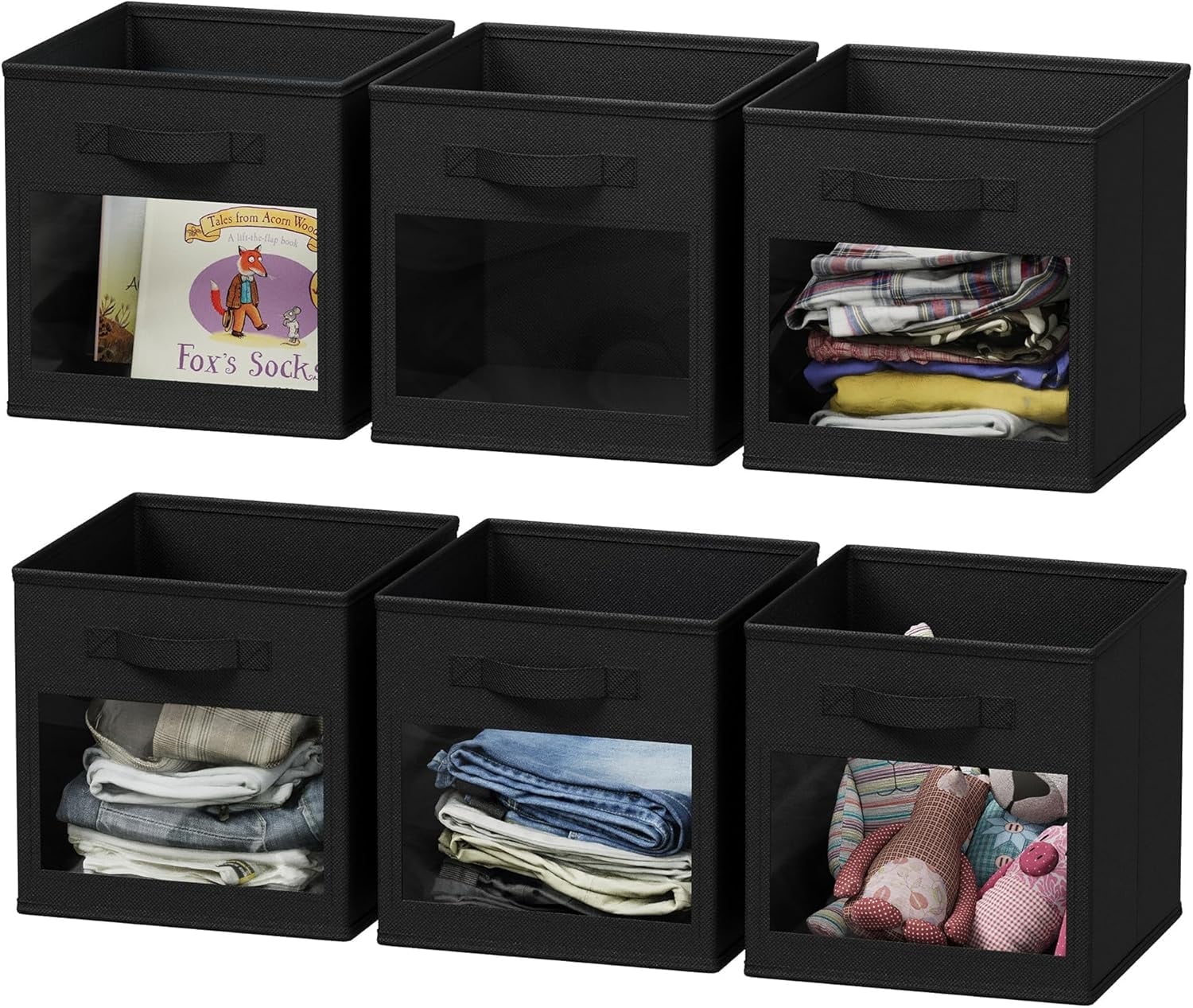 SpaceAid Storage Cubes with Clear Windows, Set of 6 Fabric Bins, 11 Inch, Black