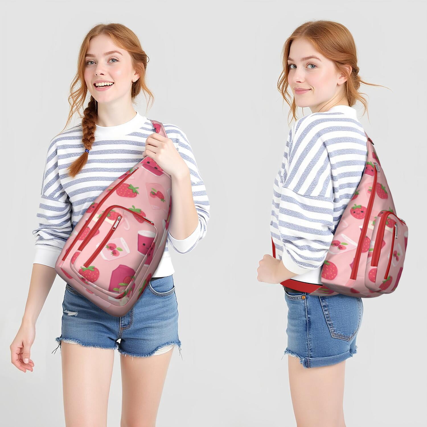 Fashion Travel Sling Bag Strawberry Cute Crossbody Shoulder Backpack Adjustable Lightweight Travel Hiking Casual Daypack for Young People