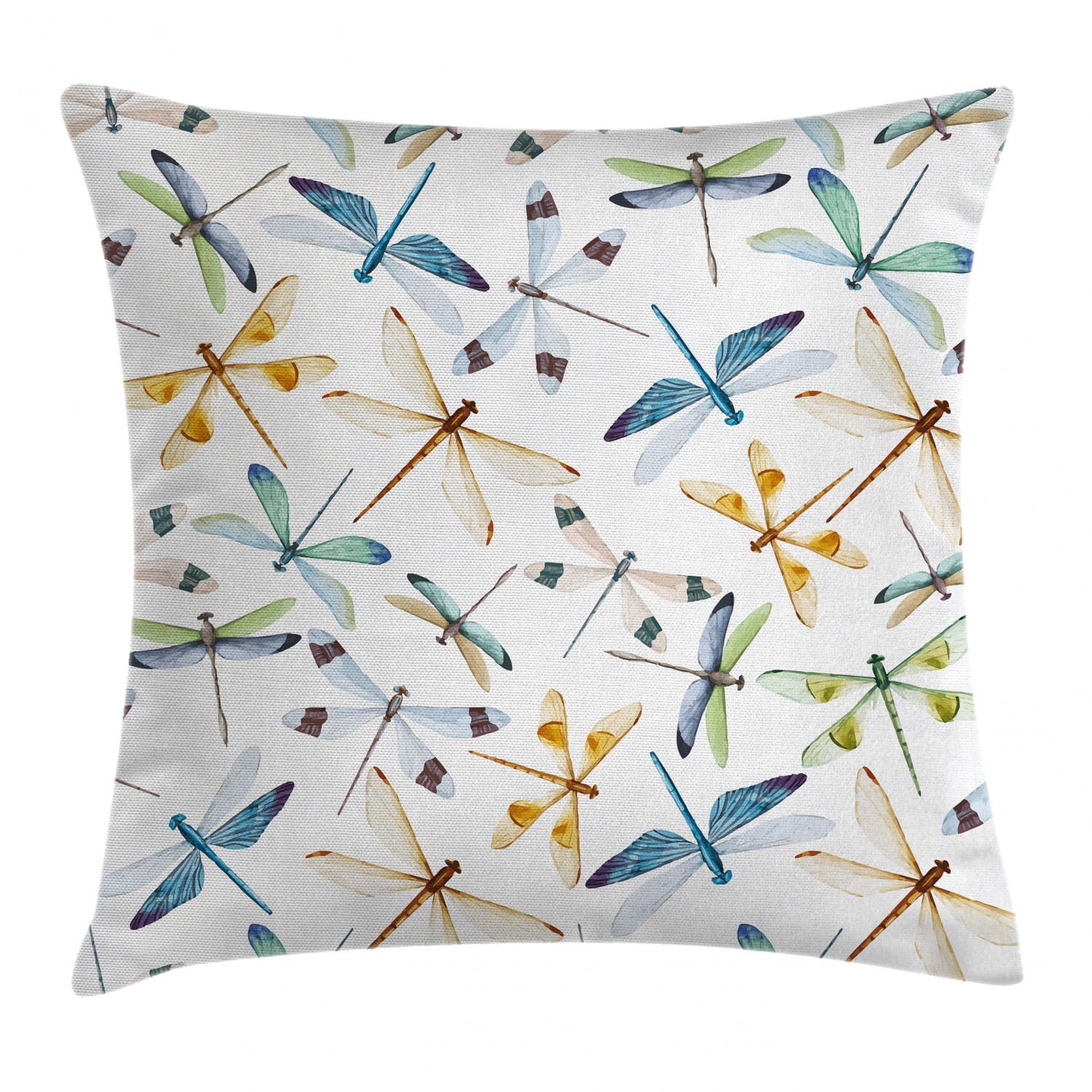 Dragonfly Throw Pillow Cushion Cover, Moth Butterfly Like Bugs in Watercolor Print Modern