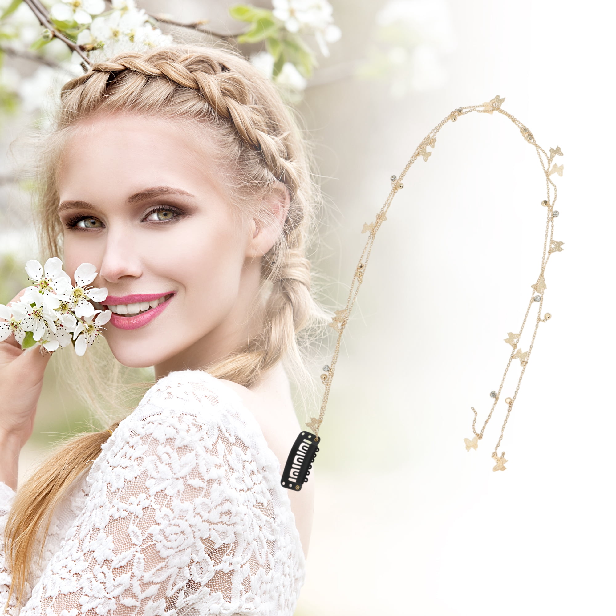 Unique Bargains Butterfly Rhinestone Braided Hair Chain 1 Pc Gold Tone
