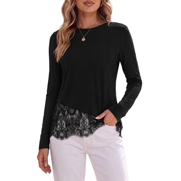 PRETTYGARDEN Women's Lace Patchwork Long Sleeve Shirts | Soft Casual Tops,Irregular Asymmetrical Hem,Crew Neck Thermal Blouses,Loose Fit Layer Tee,Fashion Fall Winter Daily Wear