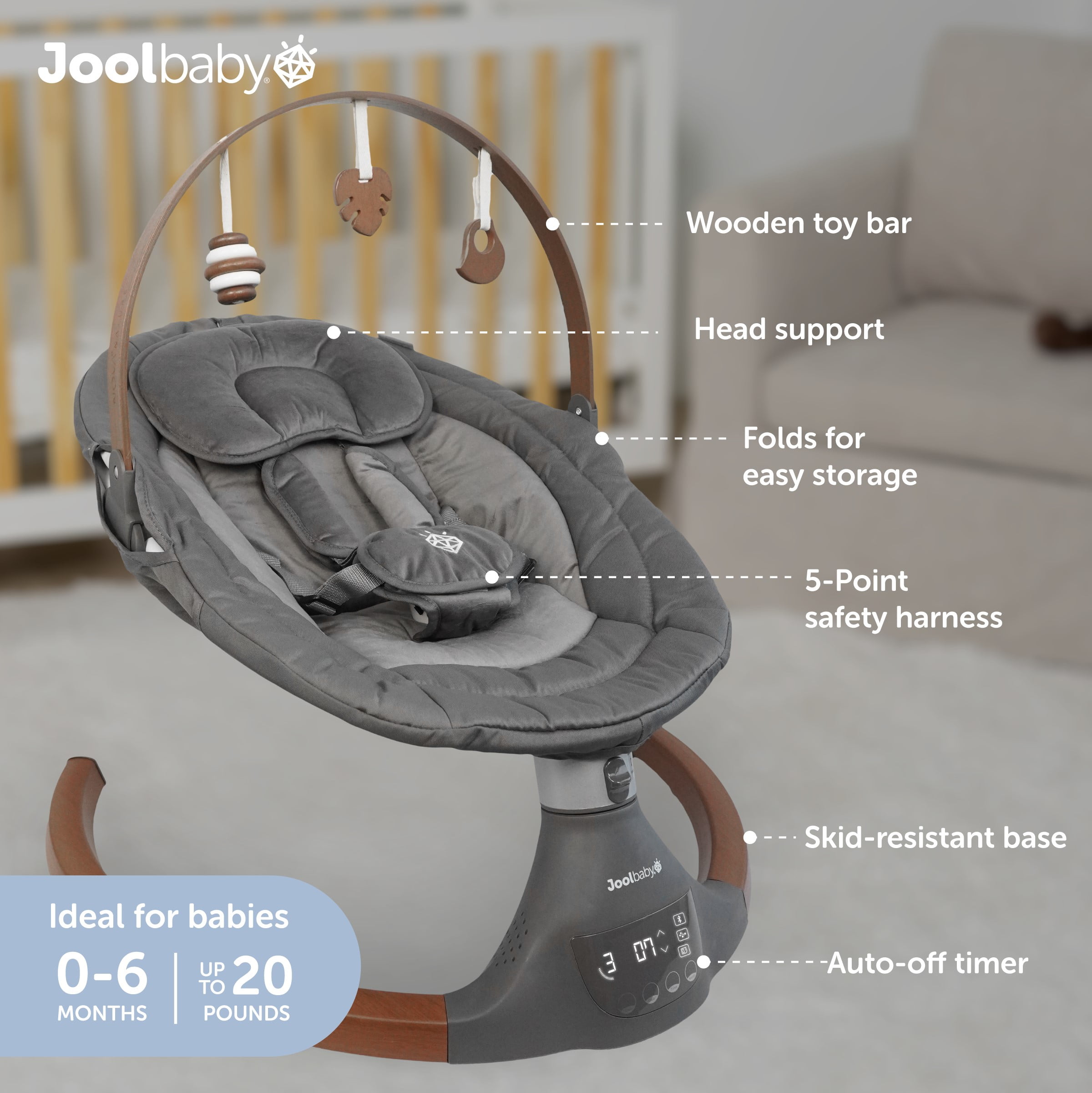 Jool Baby Nova Nature Baby Swing for Newborns – Natural Wood Toys, Electric Motorized Infant Swing, Bluetooth Music