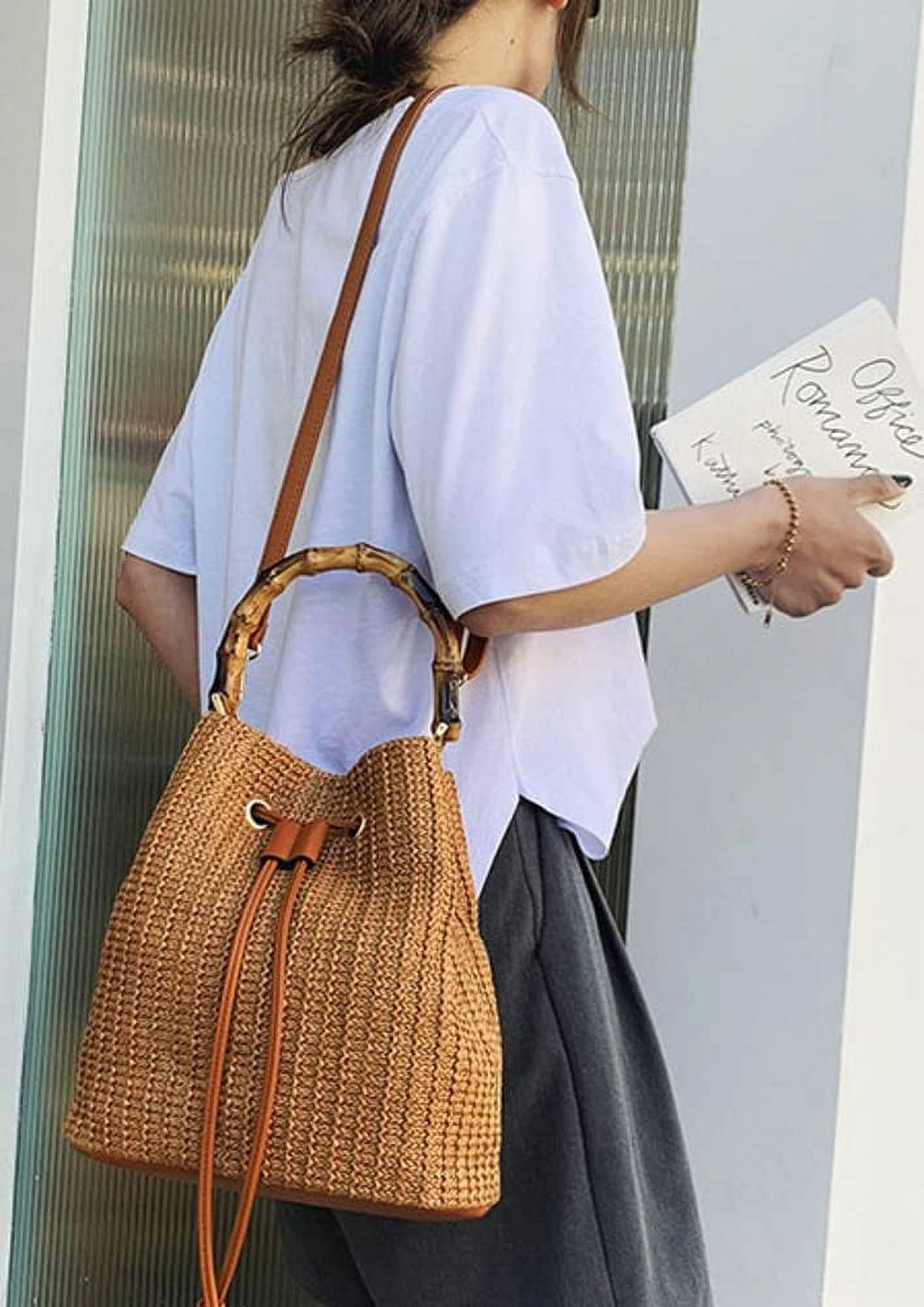 Kukuzhu Straw Hobo Bag for Women Woven Shoulder Crossbody Bag Bucket Handbag Totes Summer Purse Bamboo Handle