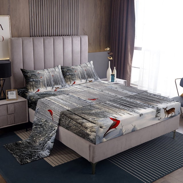Erosebridal Merry Xmas Bed Sheets Set Twin Size, Animals Print Bedding Set, Winter Snowflakes Decorative