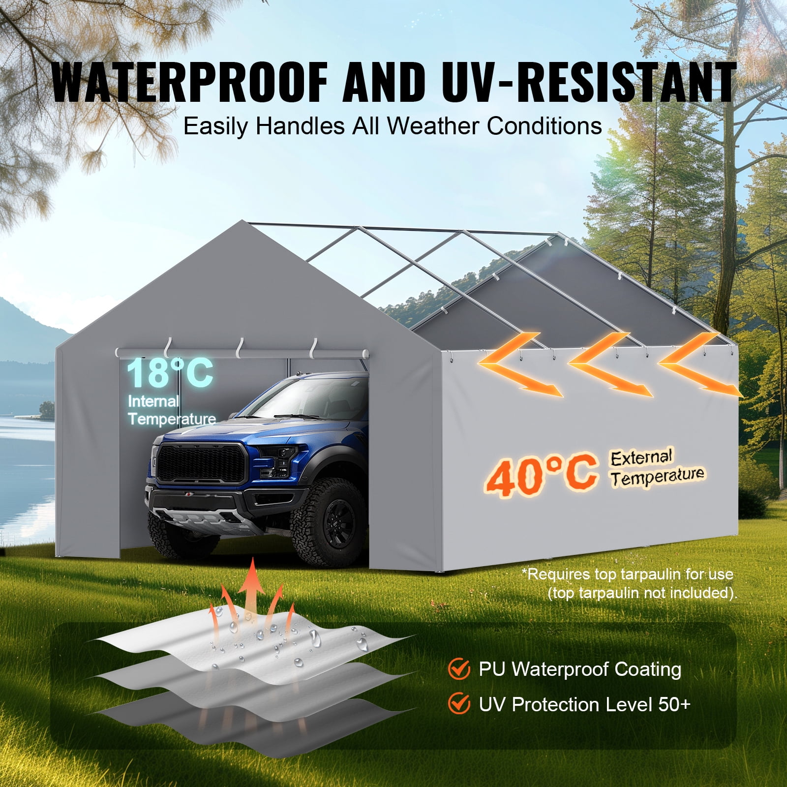KFFKFF Canopy Cover for Carport Side Wall 13 x 20 ft, Sturdy Garage Shelter Tarp with High Water Resistance & UV Protection, Simple Set-Up using Ball Bungees, Grey (Excludes Top and Frame)
