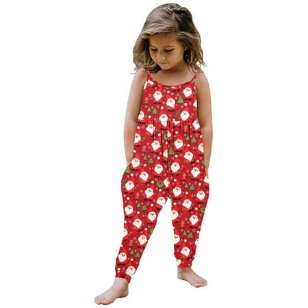 

Efsteb Kids Toddler Girl Christmas Baby Jumpsuits Cute Christmas Trees /Reindeer/Santa Sleeveless Strap Romper Jumpsuits Pants With Pockets Clothes Red 3-4 Years