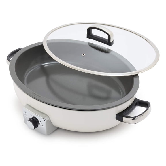 GreenPan 5.5qt Electric Oval Skillet, Ceramic Nonstick, 1800 Watts, Dishwasher Safe Removeable Bowl, Cream