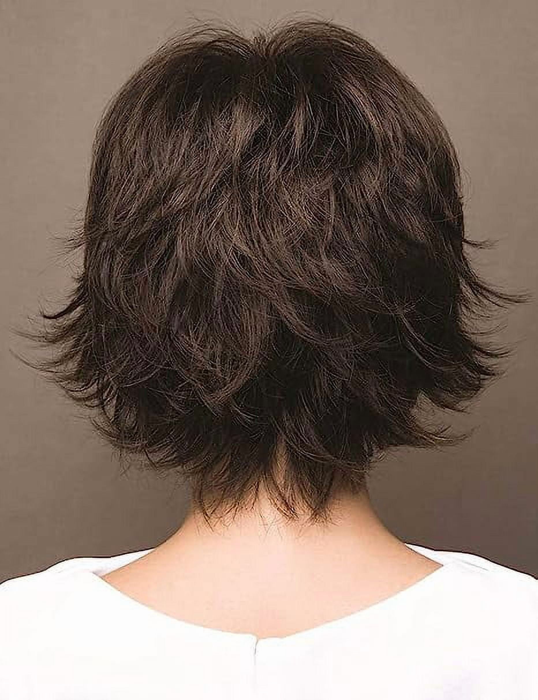 Womens Short Brown Pixie Wig Curly Synthetic Hair with Bangs Natural Wavy Cap
