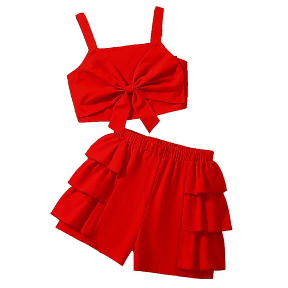 Ugoldhm Girls 2 Pieces Outfits Bow Sleeveless Top & Ruffle Shorts Summer Clothes 8-13 Years