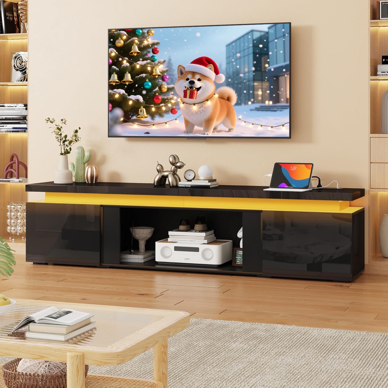 90 inch LED TV Stand with 50" Fireplace Slot & Power Outlet, High Gloss Fireplace TV Stand for 85 90 95 100 inch TVs, Modern Large Media Console Entertainment Center(No Fireplace)