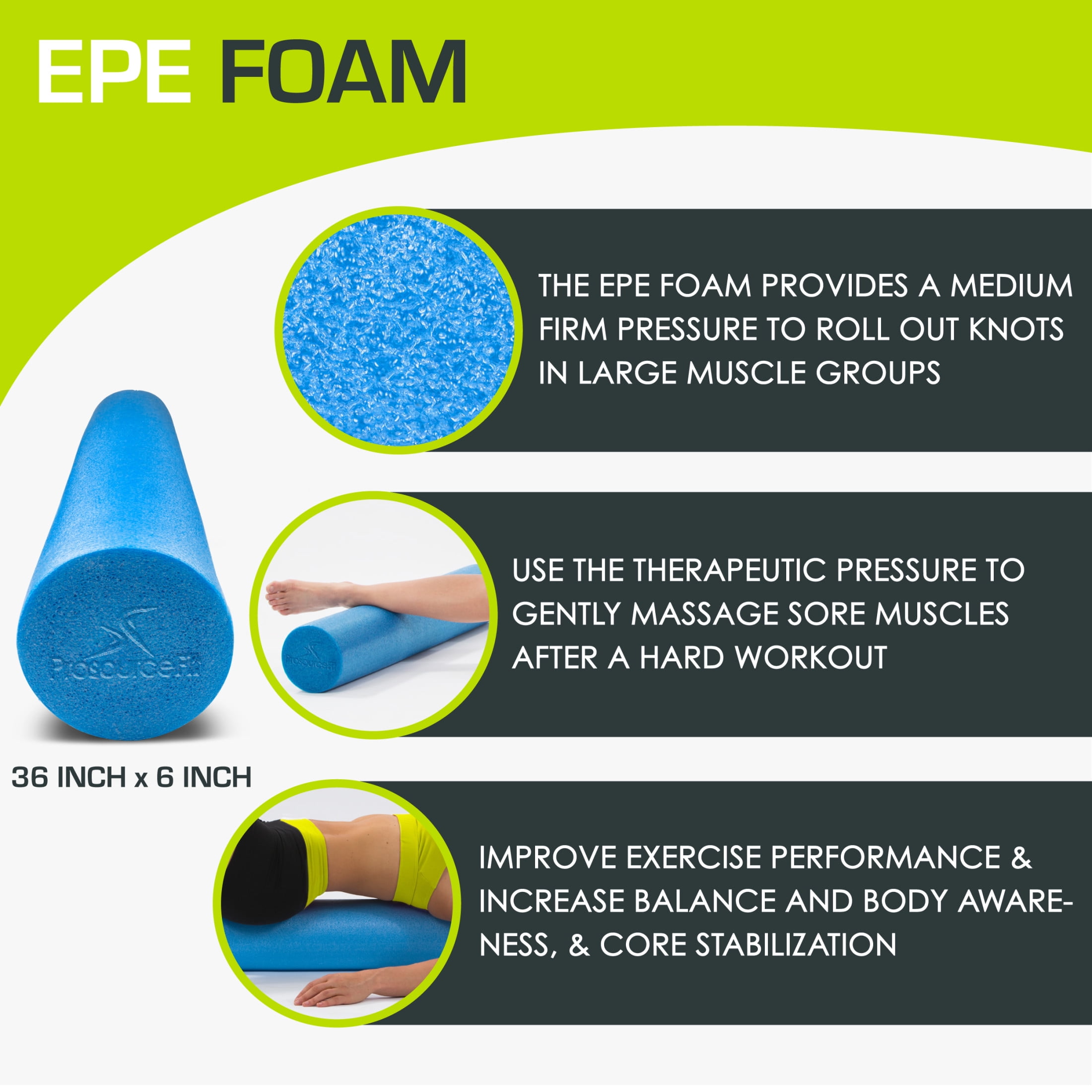 ProsourceFit Flex Foam Rollers, Full and Half, 36"L or 12"L for Muscle Therapy (MFR), Core Stabilization and Balance Exercises