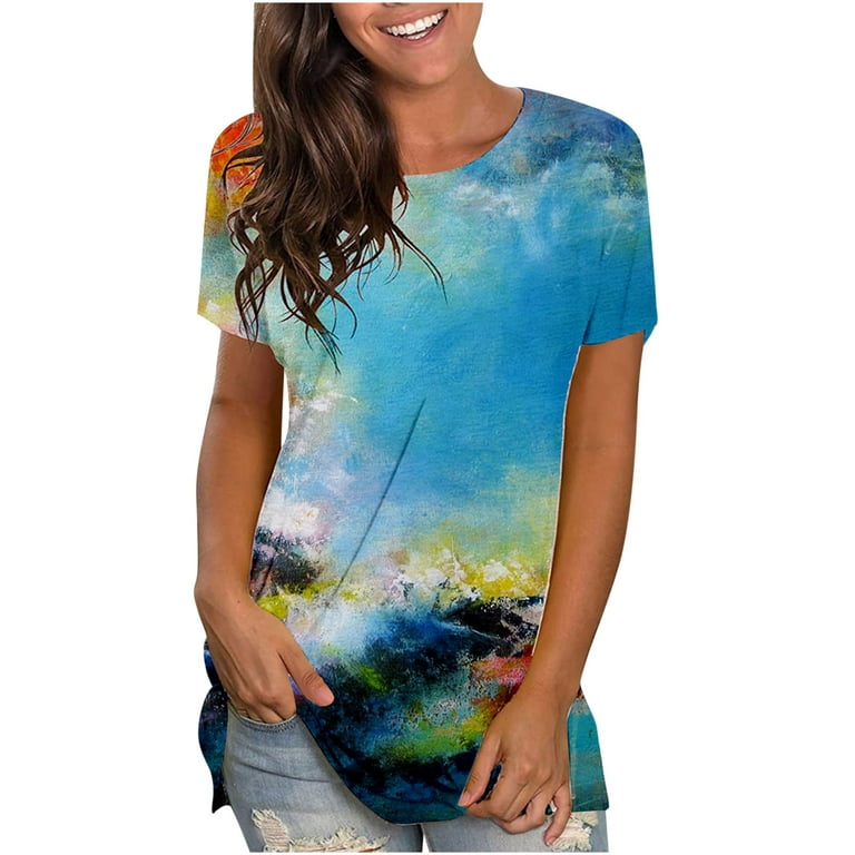 Womens Clearance Under $10 Women's Fashion Casual Round-Neck Digital Print  Short Sleeve T-Shirt Top Blouse 