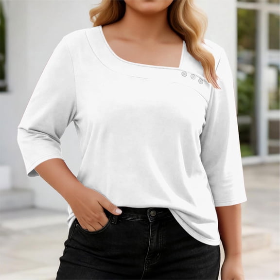 Mifsaly Plus Size Blouses for Women 3/4 Sleeve Square Neck Cotton Tops Button Decoration Lightweight Breathable Oversized Tshirts Summer Casual Work Office Outfits L