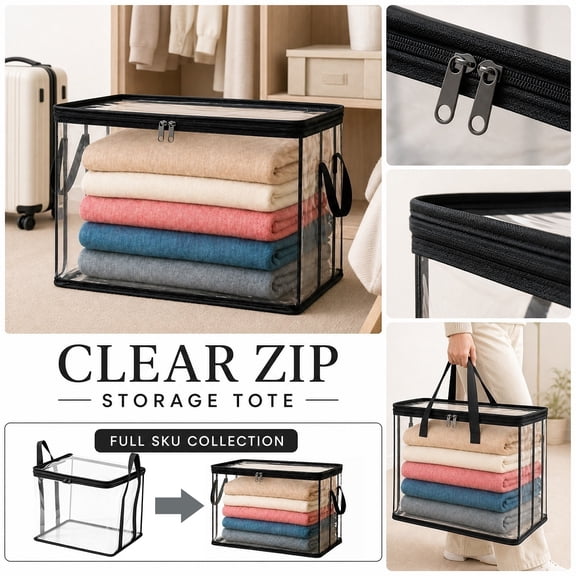 6 Pack Large Thick Clear Plastic Storage Bags with Zipper and Reinforced Handles, Dustproof Moistureproof Clothes Bedding Organizer, Dorm Closet Moving Storage Supply