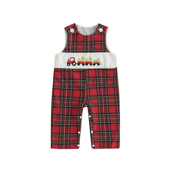 Miaouyo 0-18 Months Infant Baby Boy Christmas Romper Loose Fit Embroidered Plaid Crew Neck Sleeveless Jumpsuit
