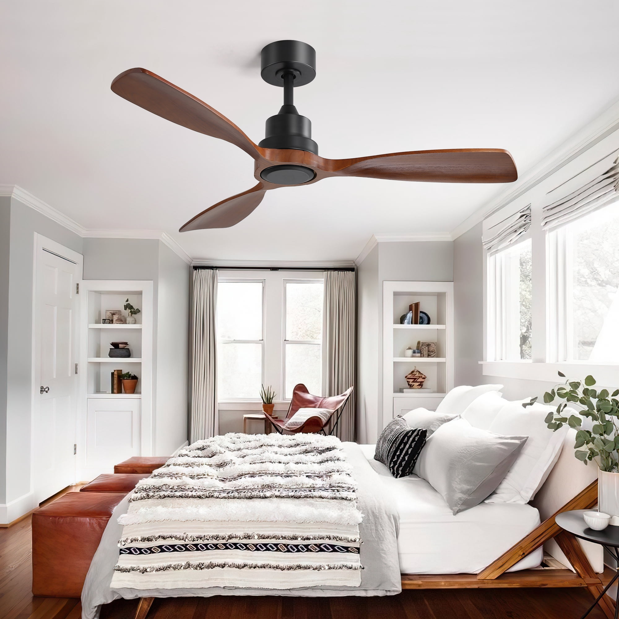 Jopath 48 Inch Ceiling Fan Without Light, 3 Solid Wood Blades Indoor and Outdoor Ceiling Fan 6-speed Reversible DC Motor for Indoor Living Room Bedroom Outside Patios Pergola