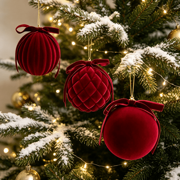 Lksixu 9 Pcs Velvet Christmas Balls Ornaments, Christmas Decorations for Xmas Tree, 3.9 Inch Flocked Decorative Ball Pendants with Bow, Shatterproof Christmas Tree Hanging Bauble for Party Wedding