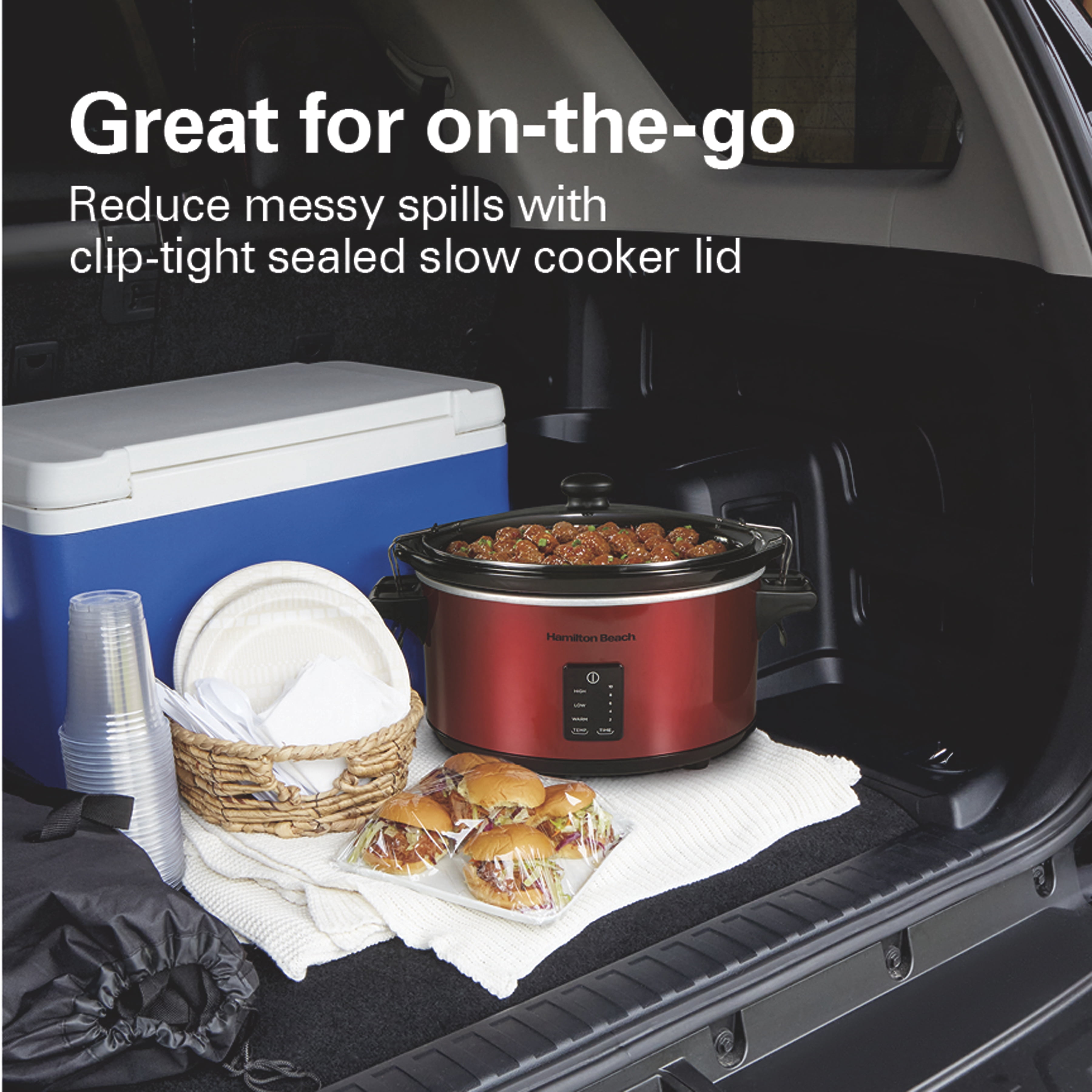 Hamilton Beach Programmable Stay or Go® Slow Cooker, 7 Quart Capacity, Includes 20 oz. Party Dipper Food Warmer, Red, 33778