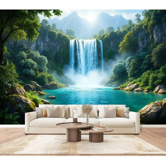 Wallpaper Majestic Waterfall Surrounded by Green Forest Crystal Peel and Stick Wall Murals 100"H x 144"W Removable PVC Wall Paper Self-Adhesive Wall Paintings Art Decor for Bedroom Living Room