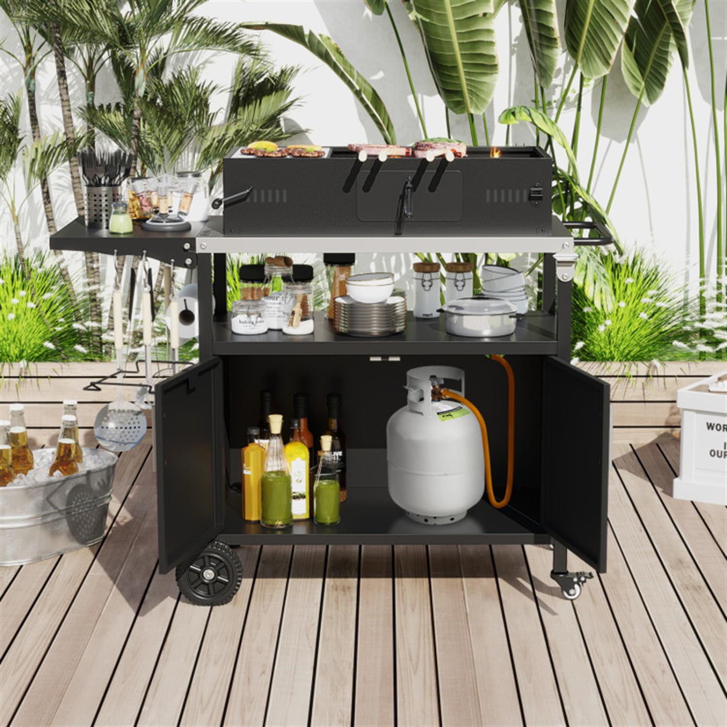 Demi Bonn Outdoor Grill Cart with Storage and Folding Stainless Steel Top for Poolside and Backyard, Black