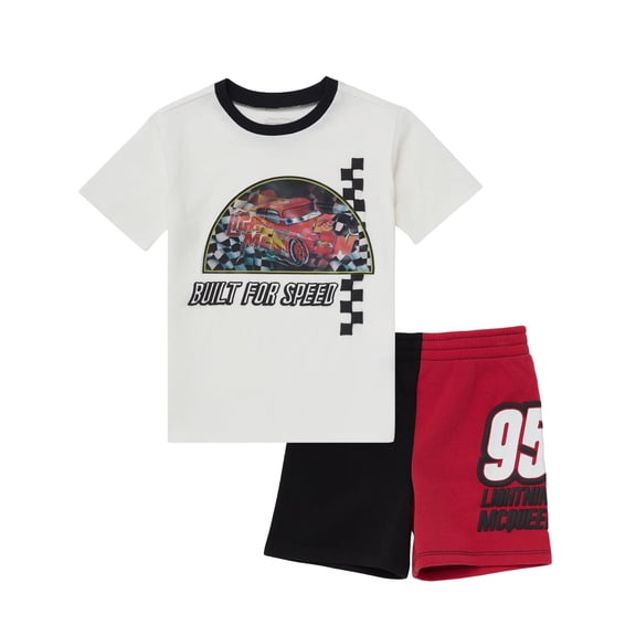 Disney Pixar Cars Lightning McQueen Toddler Outfit for Boys, 2PC T-Shirt & Fleece Shorts Set (White, 6)
