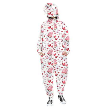 

PEASKJP Jumpsuit Shorts Men s And Women s Valentine s Day Love Print Hooded Pullover Zipper Pajamas Party Couple Comfy Jumpsuit