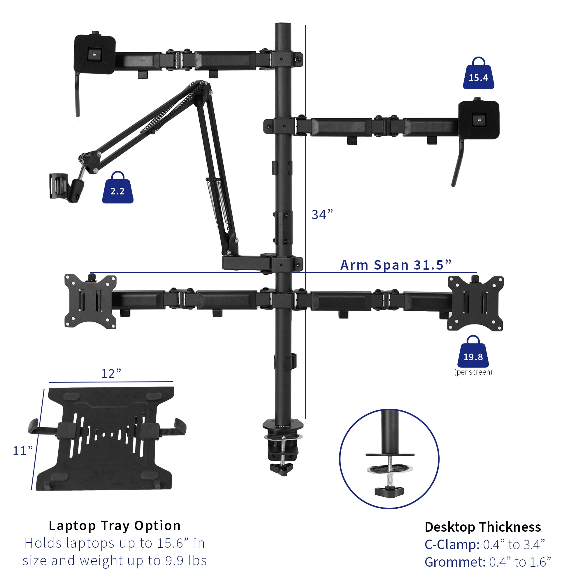 VIVO Black All-In-One Livestream Desk Mount, 17" to 32" Monitor, Laptop, Camera